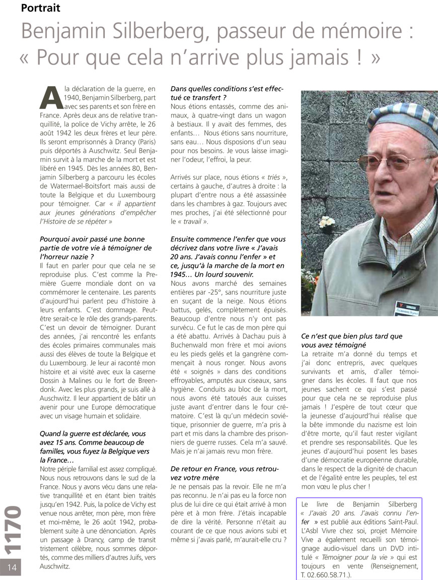 article consacré à Mémoire Vive dans le magazine 1170 de Février 2014