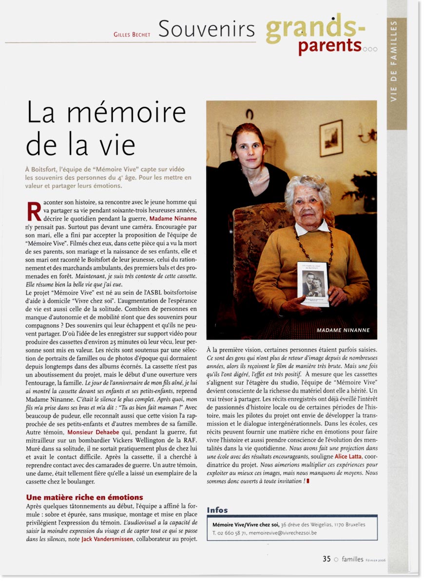 article consacré à Mémoire Vive dans le magazine «familles» de février 2006