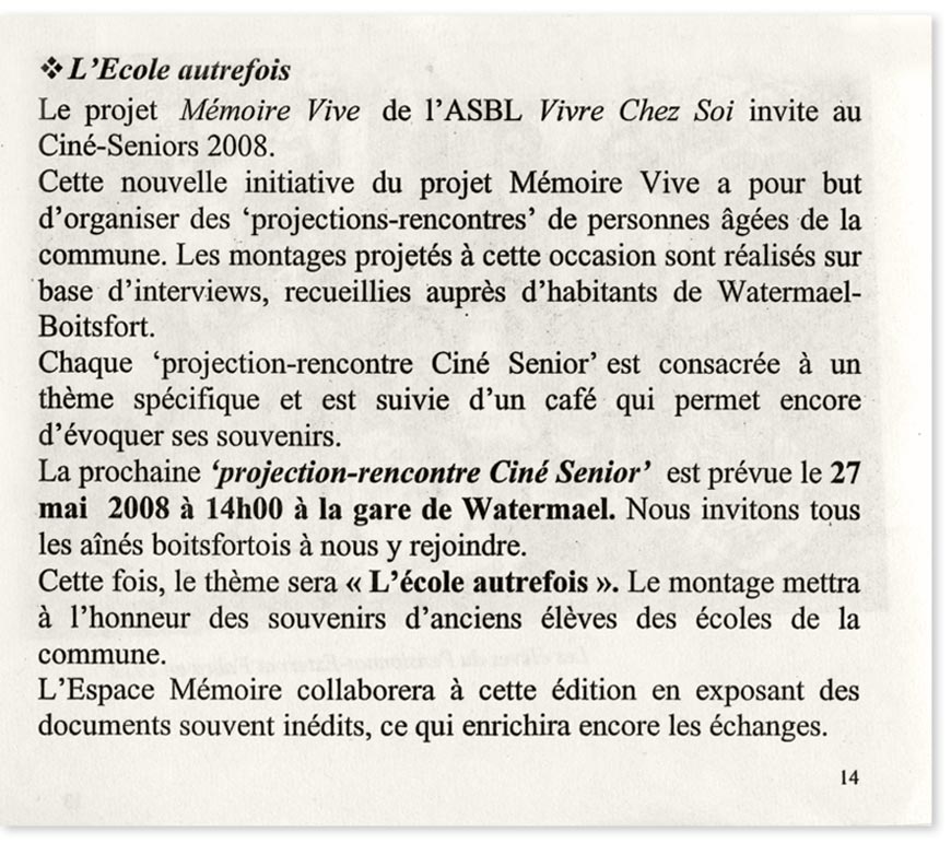 article consacré à Mémoire Vive dans le périodique «Tilia» d'avril 2008