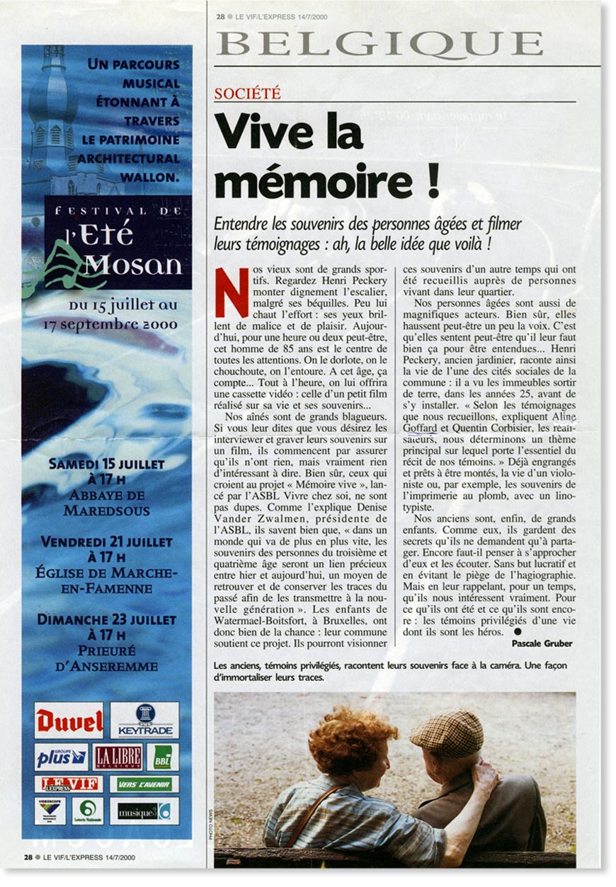 article consacré à Mémoire Vive dans l'hebdomadaire «Le Vif-L'Express» de juillet 2000